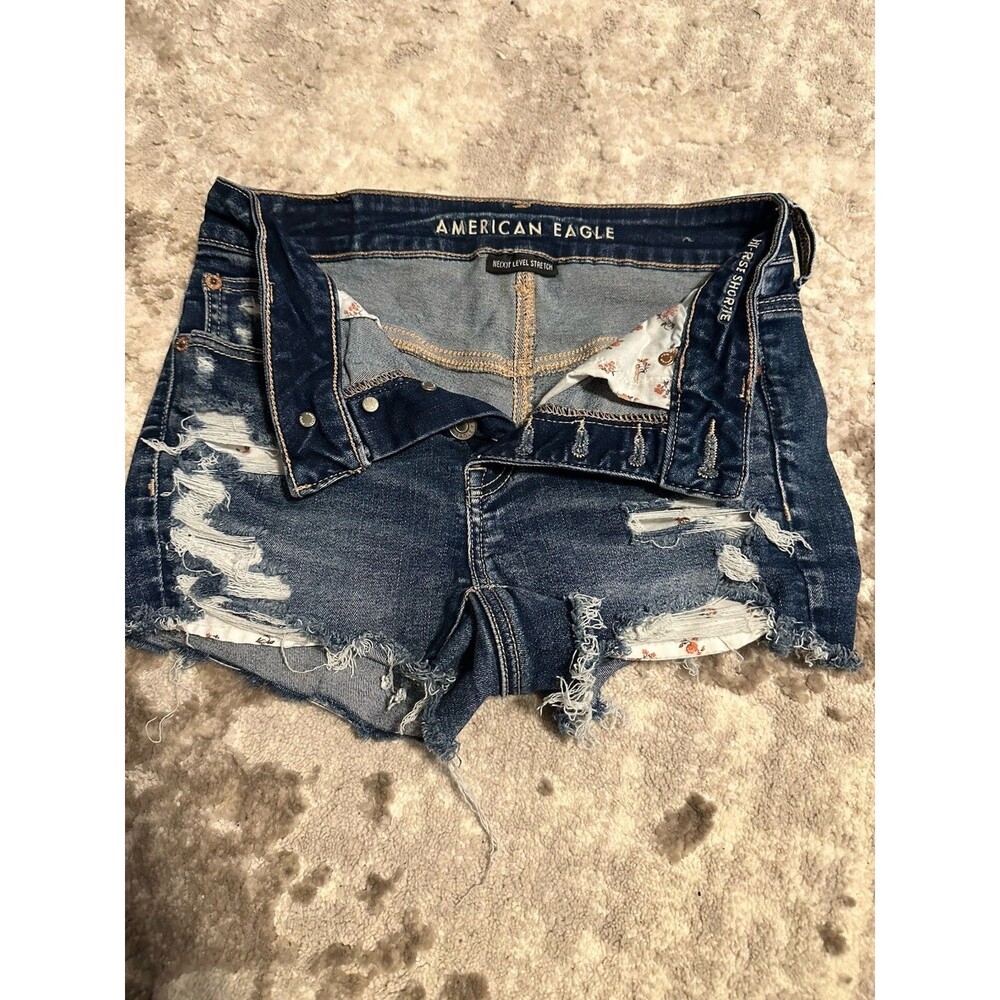American Eagle Hi Rise Shortie Jean Shorts Size 4 Distressed Denim Cut Offs C4
